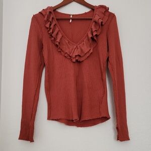 Free People Like New Ruffled V-Neck Long Sleeve Top - Brick Red
